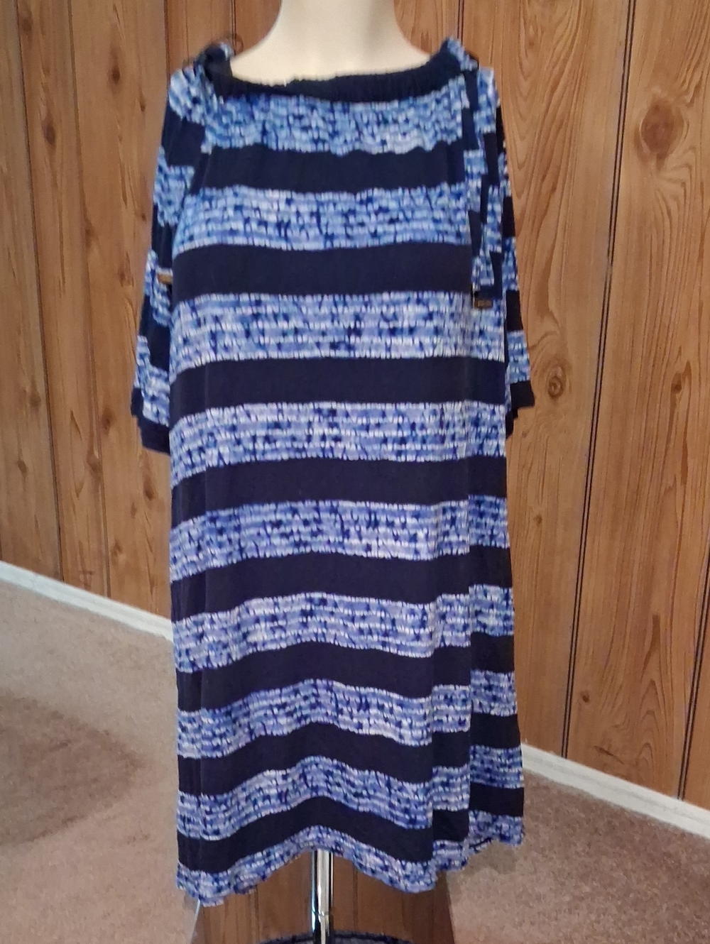 Michael Kors Navy and Light Blue Striped Midi Dress with Side Tie